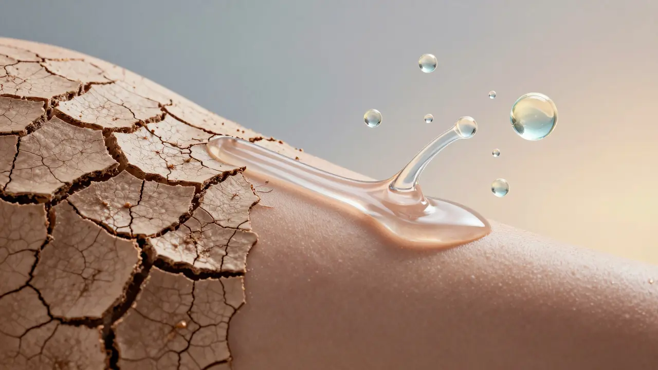 Dvojitý pohled na suchou a hydratovanou kůži s proudem vlhkosti mezi nimi