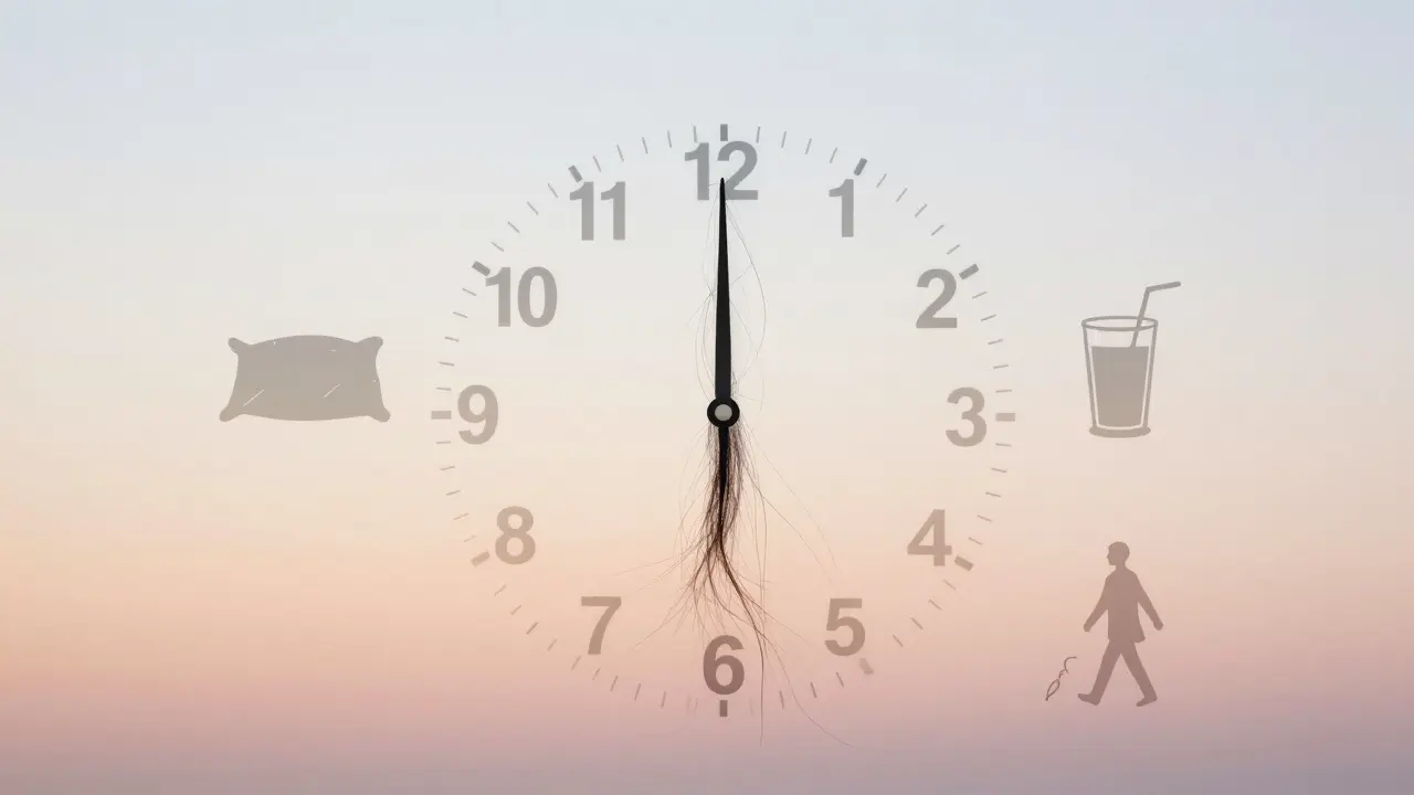 Hodiny s vlasy místo ručiček, symbolizující pomalý, přirozený růst vlasů při správném životním stylu.