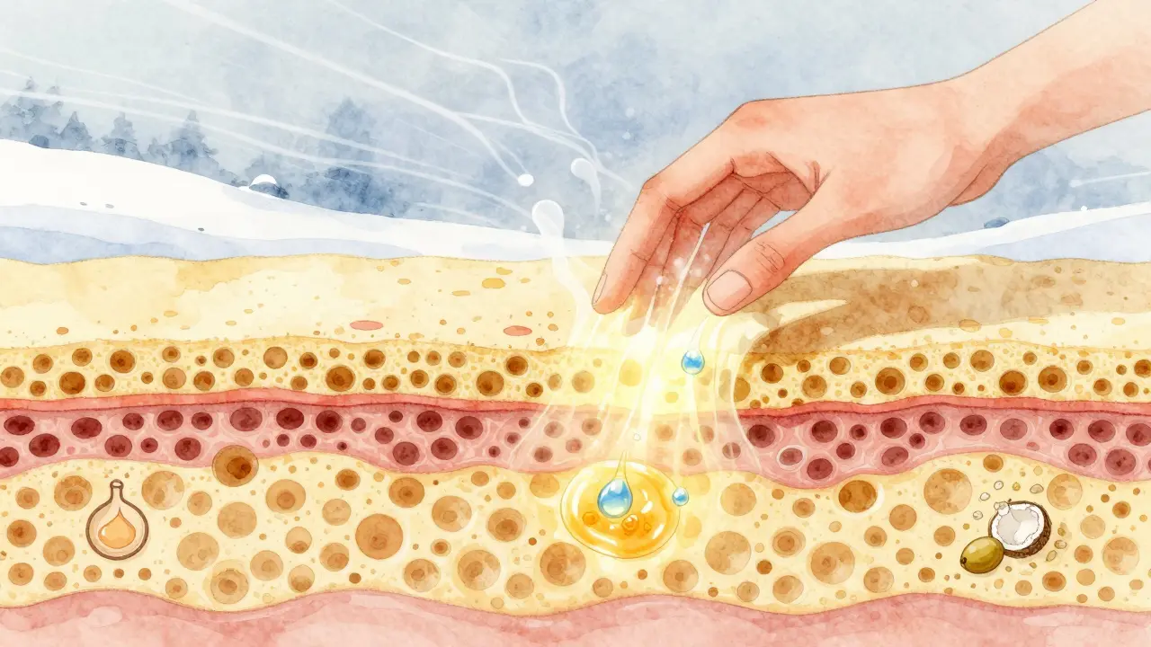 Ilustrace kůže jako houby vstřebávající vlhkost z ovzduší pomocí glycerinu