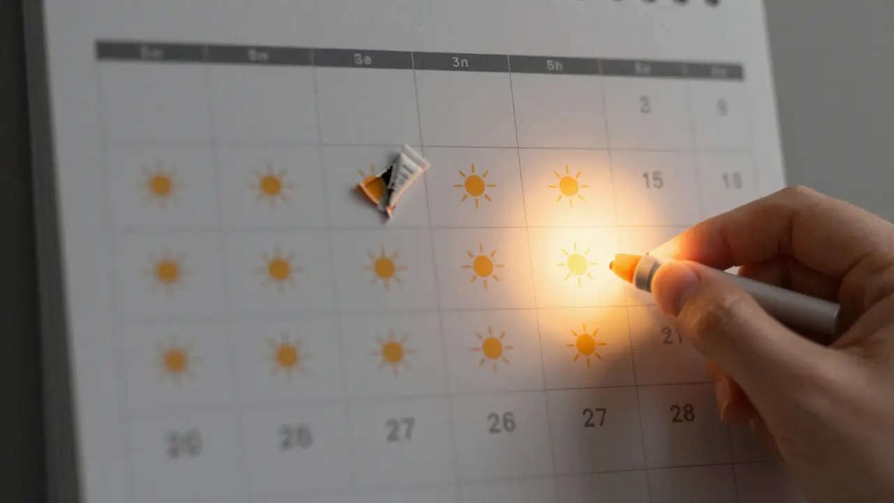 Kalendář s označenými dny, kde jen jeden ukazuje správnou aplikaci SPF.