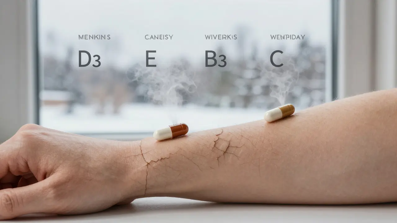 Kalendář ukazující postupné přidávání vitamínů a zlepšování pokožky během čtyř týdnů.