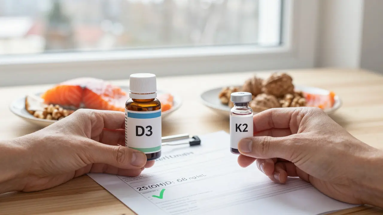 Kapky vitamínu D3 a K2 s výsledkem krve a lososem na stole.