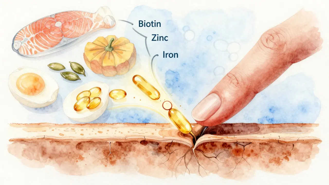 Křížový řez nehtu s výživovými prvky proudícími do kořene