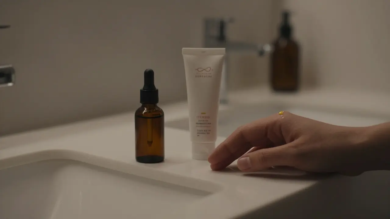 Láhev retinolu, hydratační sérum a krém se SPF na koupelníku