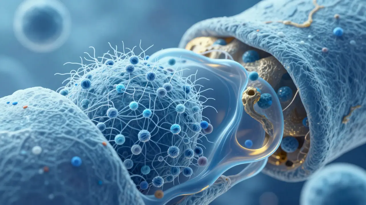 Mikroskopický pohled na kloub, kde mořský kolagen obnovuje chrupavku a kloubní tekutinu.