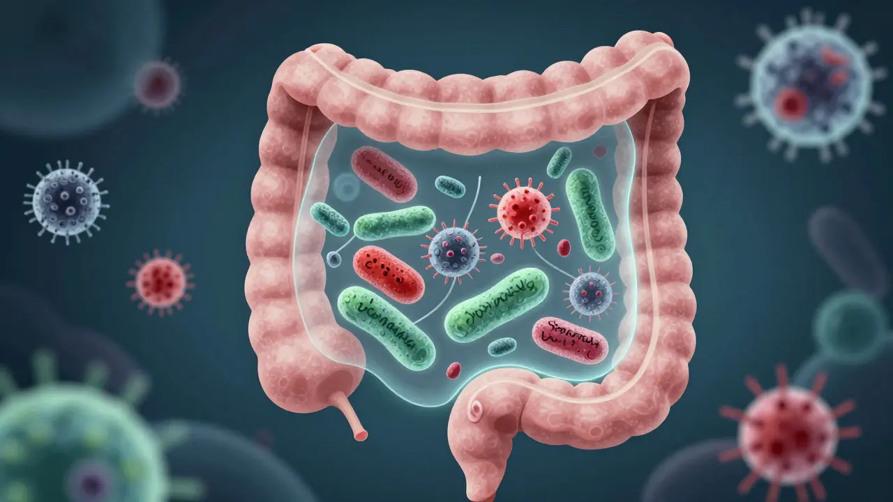 Mikroskopický pohled na střevní bakterie, kde užitečné probiotika brání škodlivým patogenům.