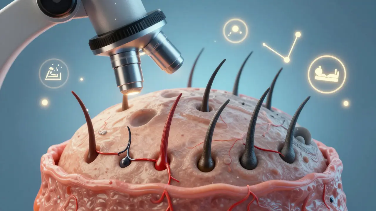 Mikroskopický pohled na zdravé a nečinné vlasové kořínky s živinami a stresovými faktory kolem.