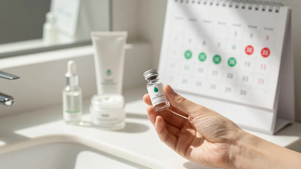 Nádoba s retinolem vedle hydratačních látek a kalendáře s označenými dny aplikace.