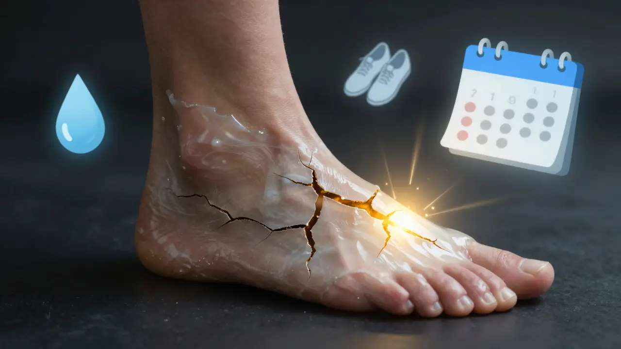 Noha v parafínové plášti s léčivým zářením, symbolizující hojení a hydrataci.