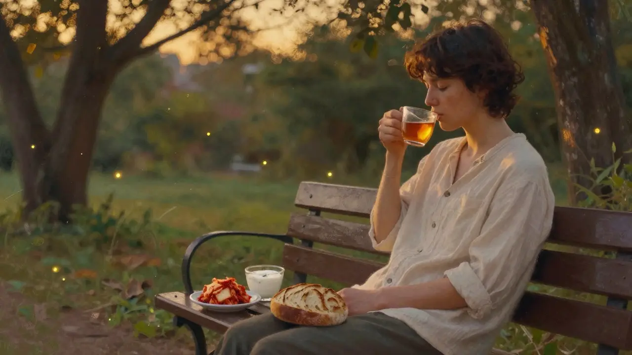 Osoba v klidu v zahradě večer pije bylinný čaj a pozoruje zapadající slunce.