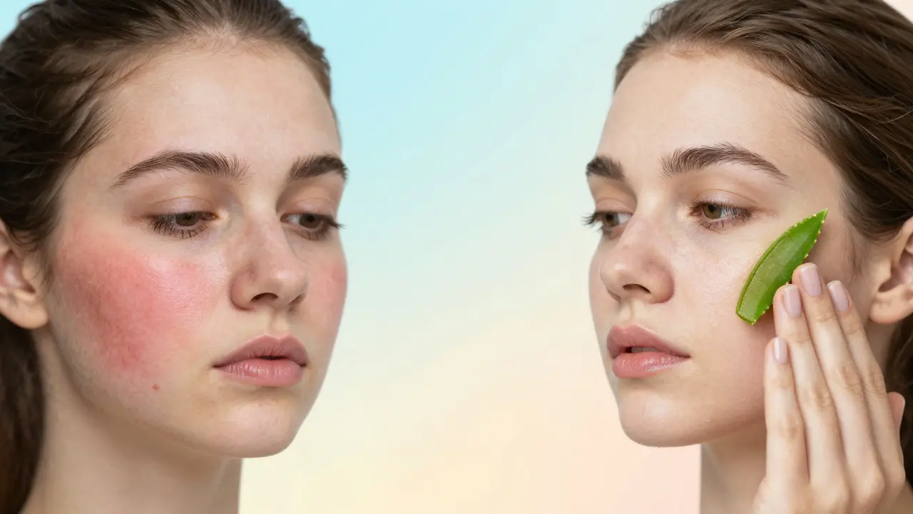 Před a po: podrážděná pokožka přechází v klidnou, hydratovanou kůži s aloe verou.