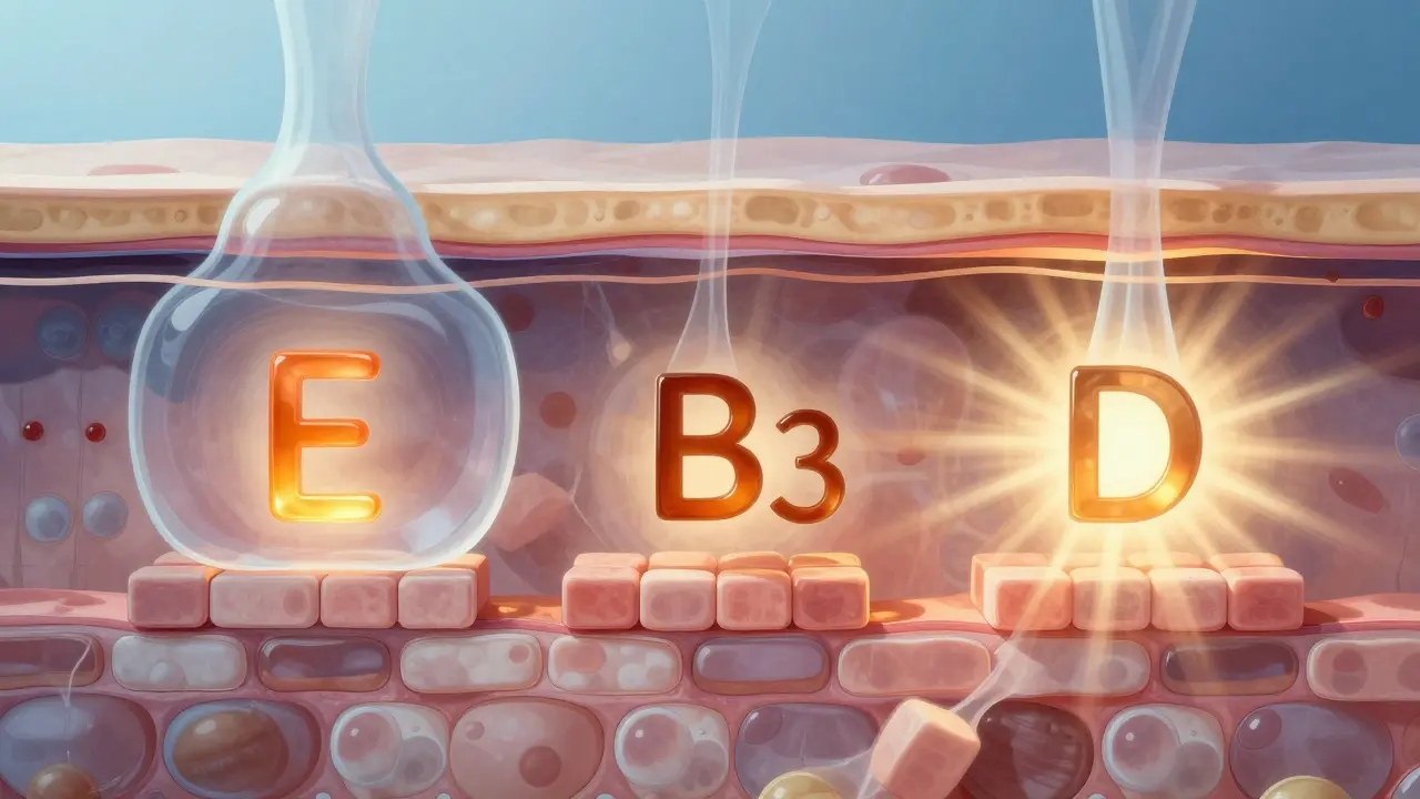 Přehled kůže s vnitřními účinky vitamínů E, B3 a D na bariéru a hydrataci.