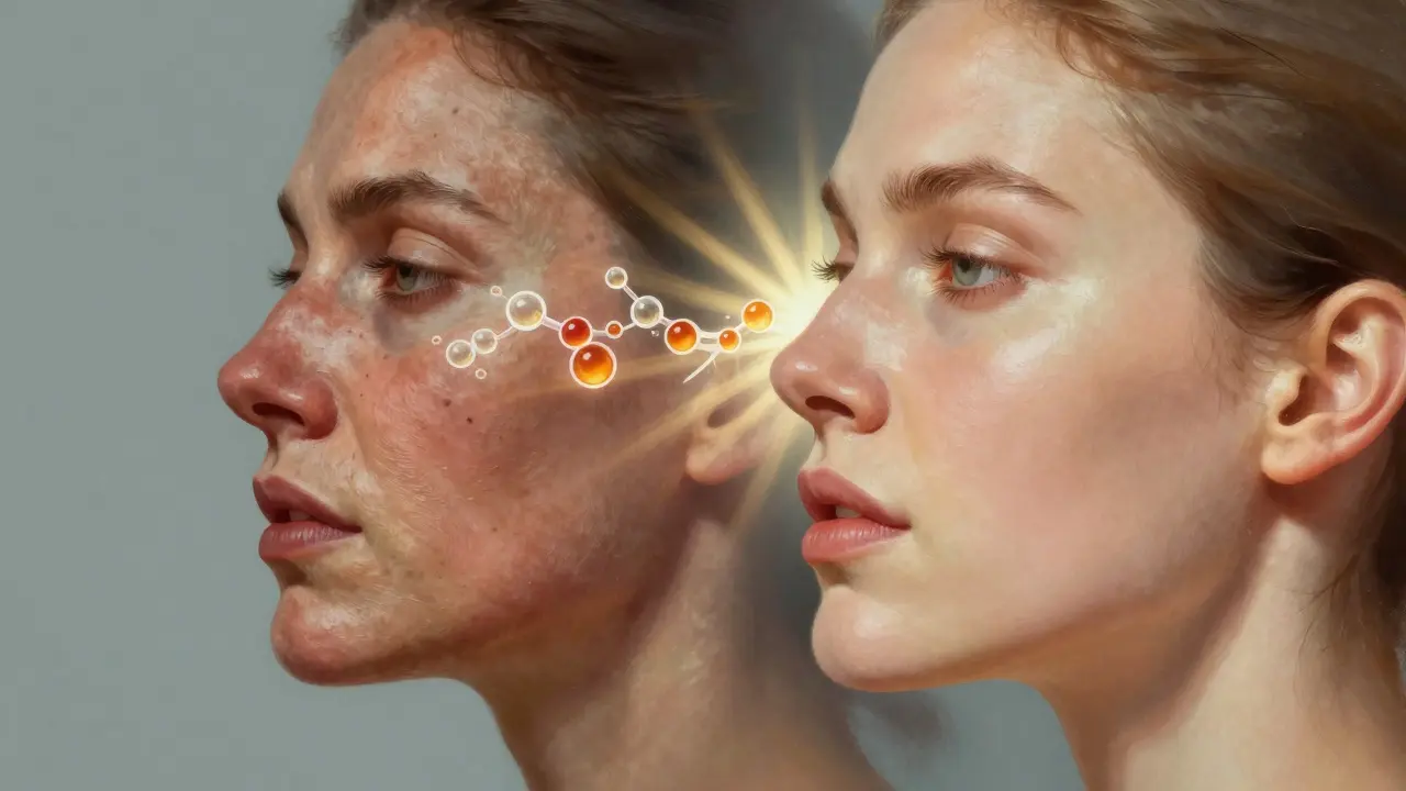 Převrat v kůži: jedna strana tváře je stará a nezdravá, druhá jasná a zdravá, spojená molekulami vitaminu C.