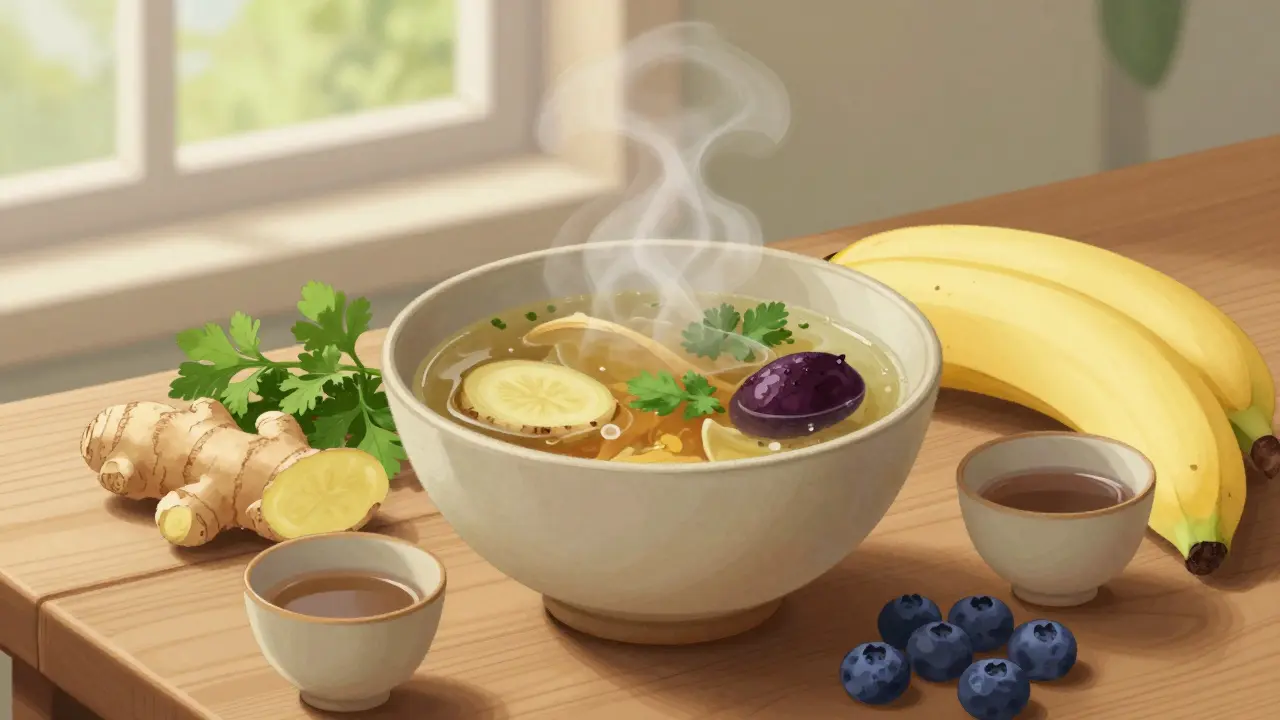 Přírodní jídla pro obnovu po alkoholu: zázvor, brusinky, banán a bylinný vývar.