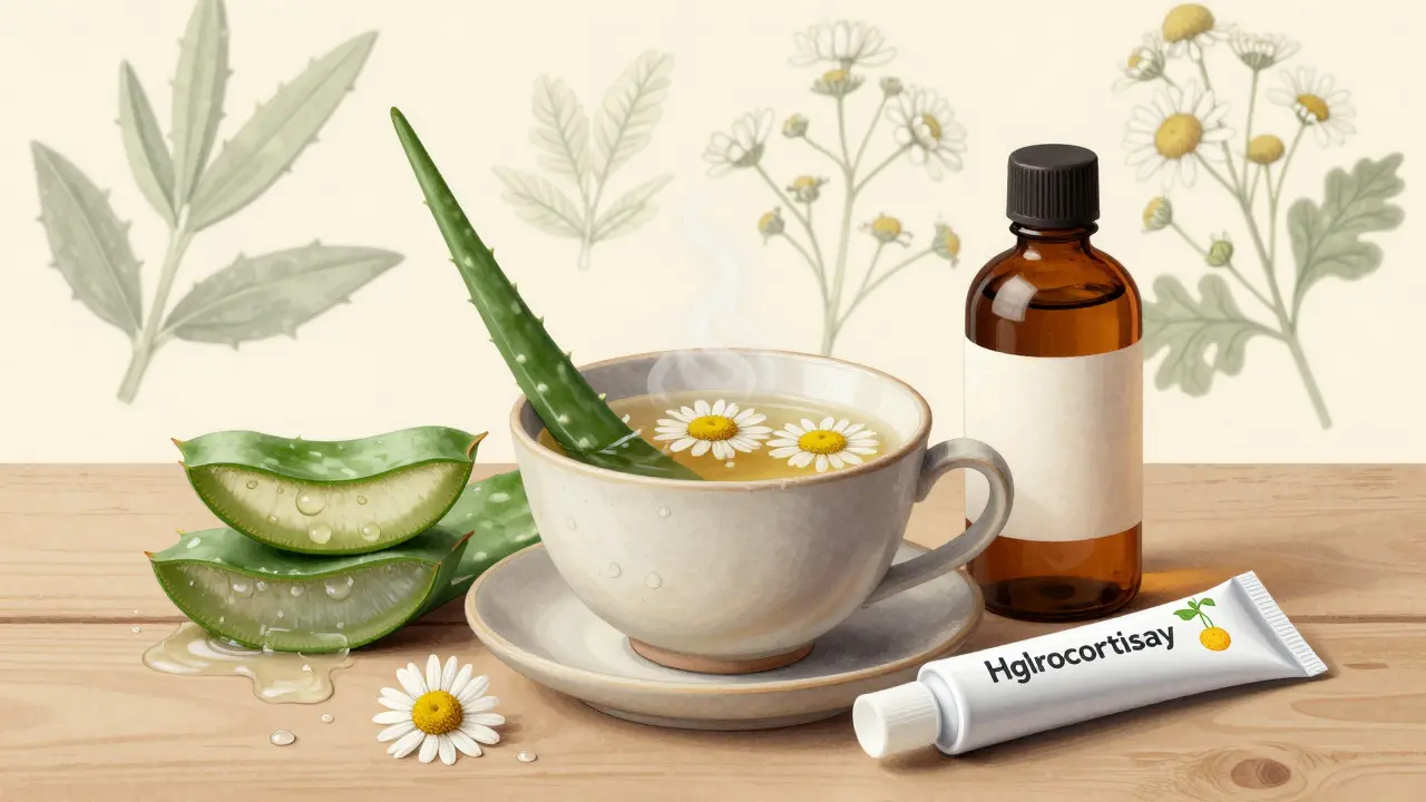 Přírodní léčivé složky – aloe vera, kamile a hamamélis – uspořádané na dřevěném povrchu.