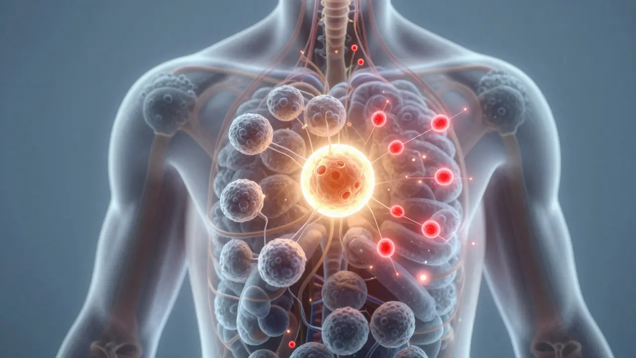 Průhledný lidský tělo s bílými krvinkami, kolagenem a antioxidanty neutralizujícími volné radikály.