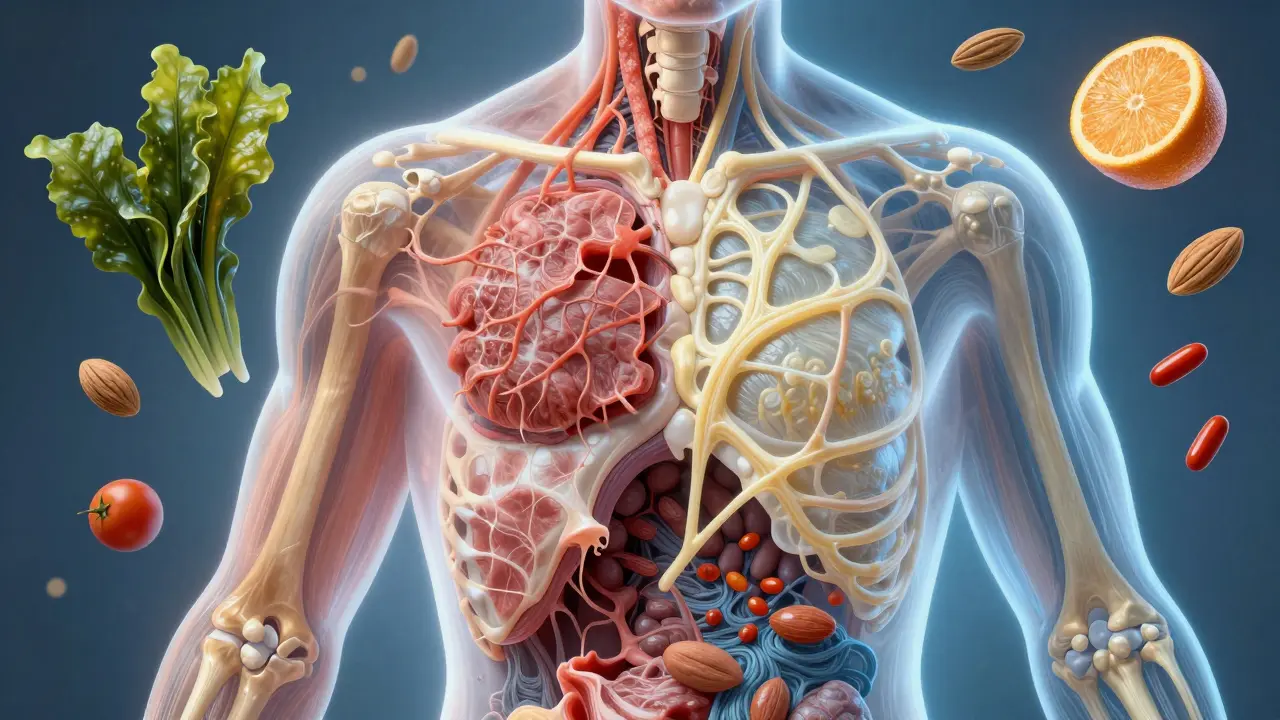 Průřez tělem ukazující porovnání poškozeného a zdravého kolagenu