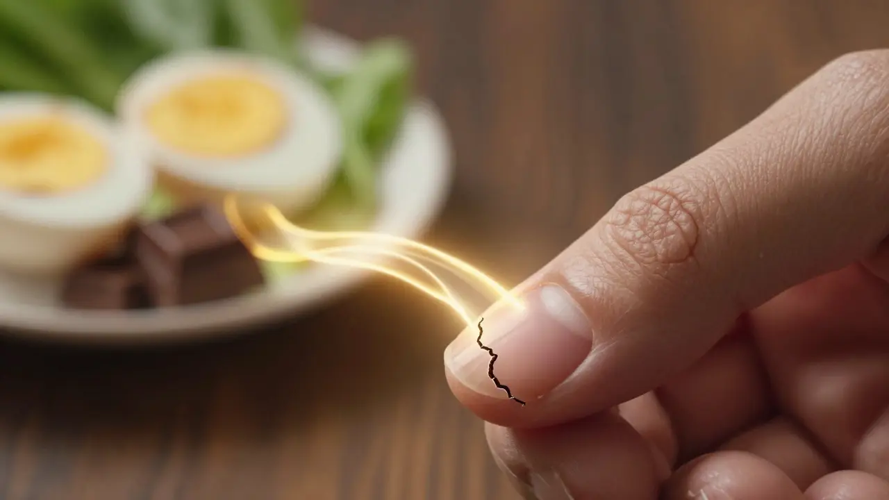 Rozštěpený nehet přeměňující se v silný, s výživou tekoucí z potravin do nehtové plochy.