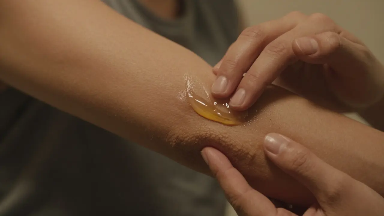 Ruka nanášející tělové mléko na suché lokty, kde je vidět oddělení složek a drobné plísně u víčka.