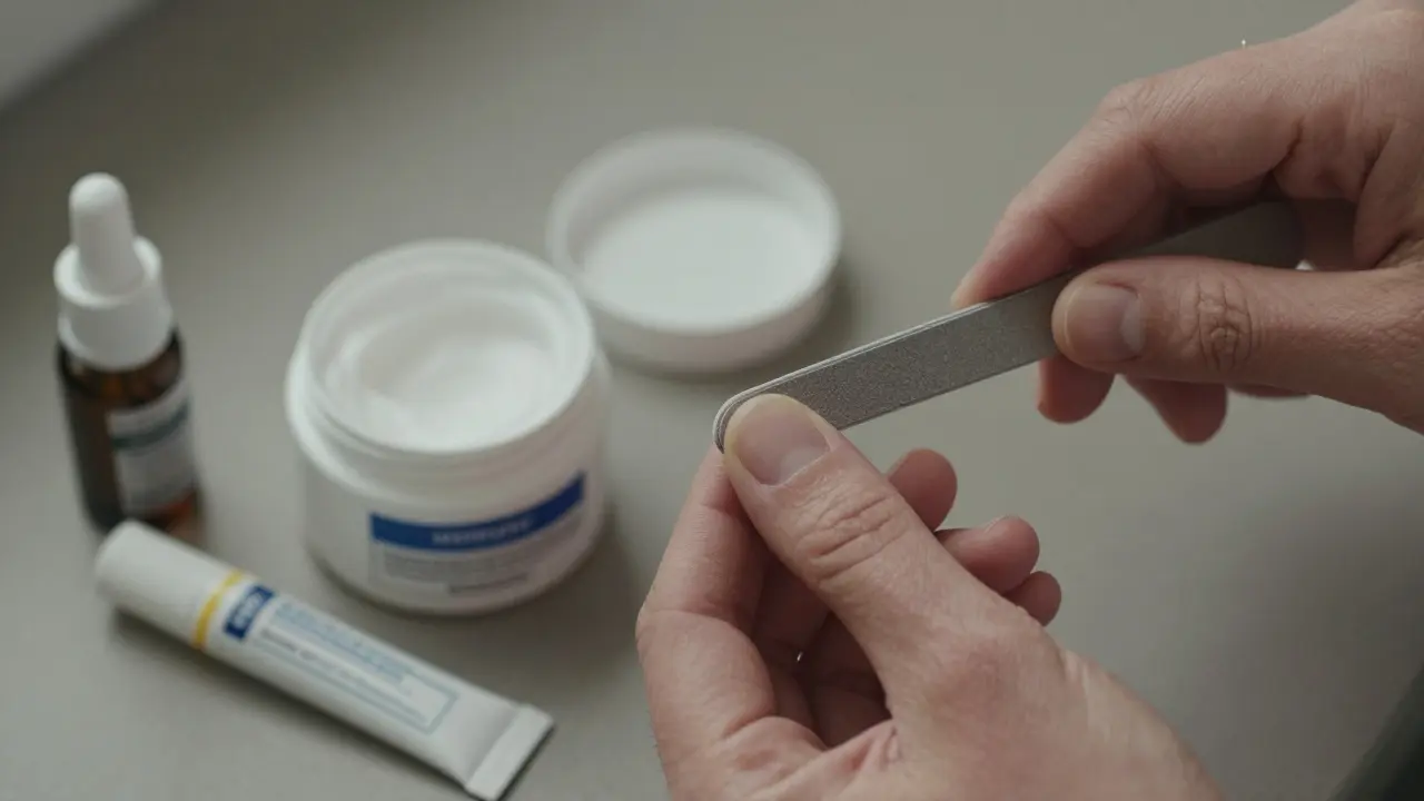 Ruka piluje ztlustlý nehet na noze s krémem a dezinfekcí na pozadí.