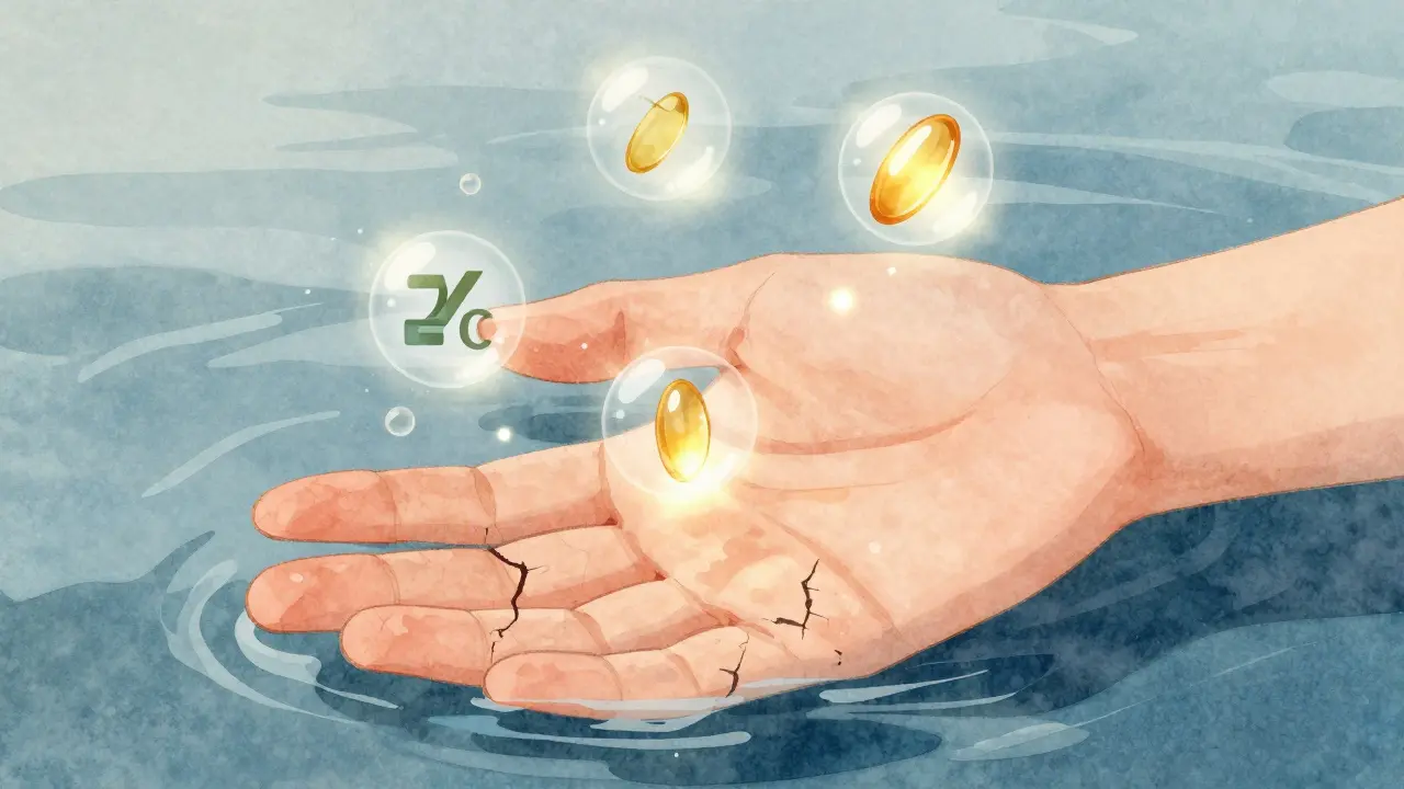 Ruka vodou, na nehtech viditelné mikrotrhliny, kolem nich plavou vitamíny biocyn a zinek.