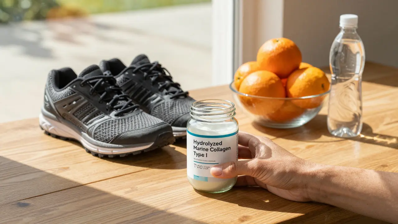 Sklenice s mořským kolagenem, citrusy a láhev vody na stole, symbolizující přirozenou podporu kloubů.