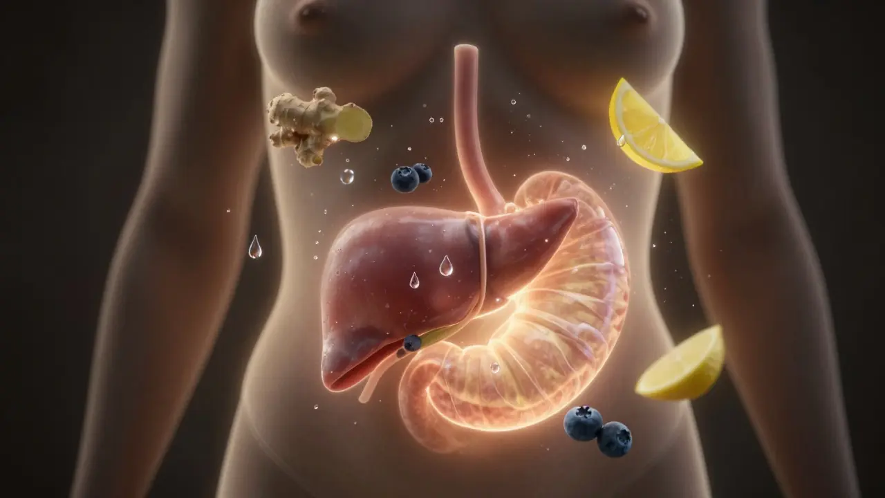 Transparentní tělo s detoxikačními prvky: voda, zázvor a brusinky podporující játra a žaludek.