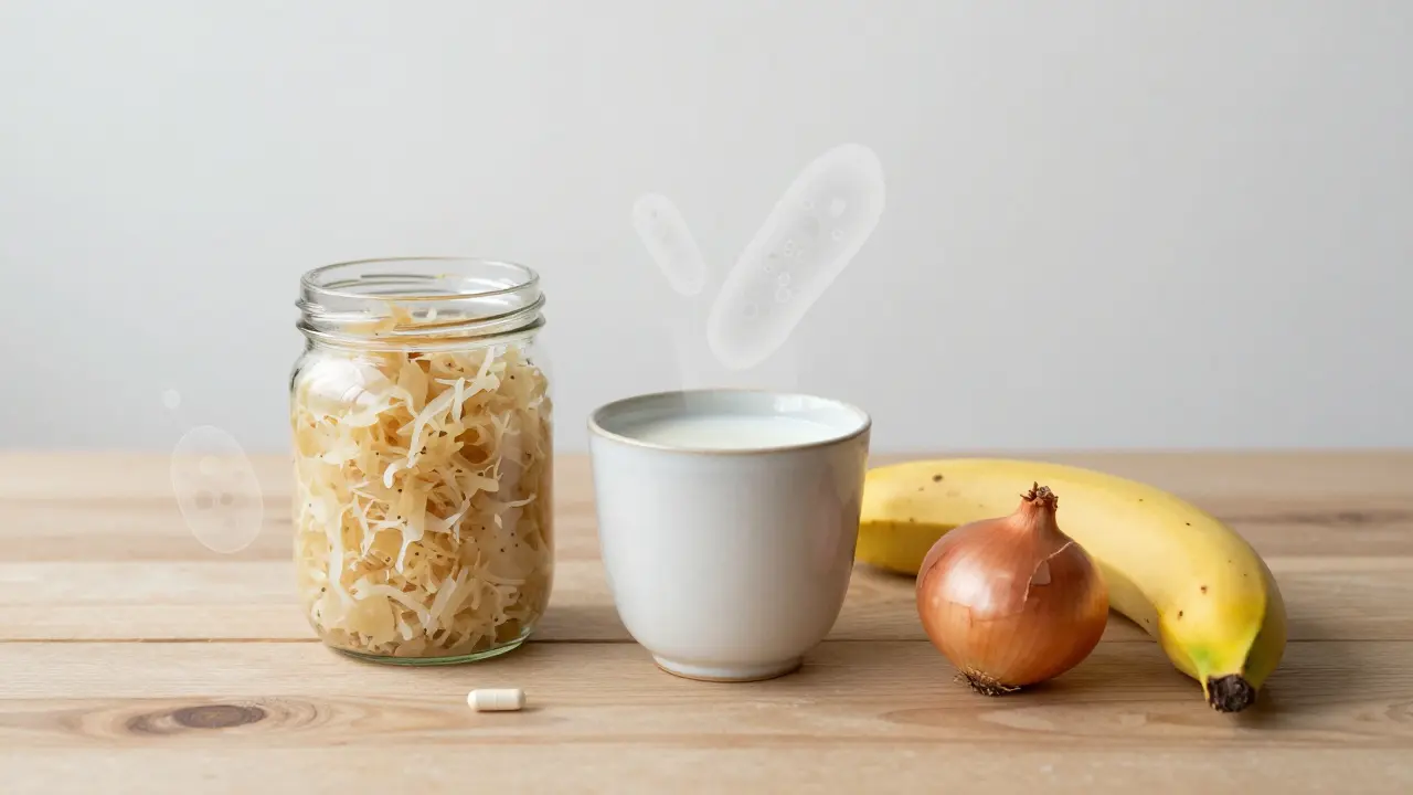 Tři přirozené zdroje laktobacilů: kysané zelí, kefír a banán na dřevěné desce.