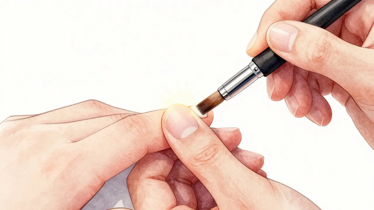 Umělecká ilustrace jemného štětce aplikujícího lak na tenký okraj nehtu.