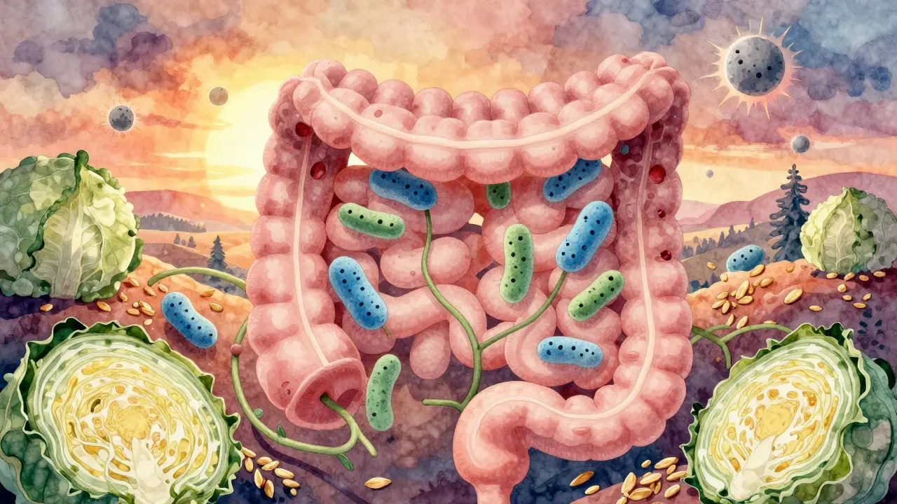 Vnitřní obraz střev s přátelskými bakteriemi obnovujícími poškozenou tkáň.