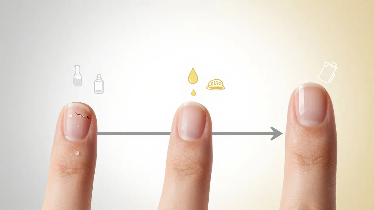 Vývoj nehtu od křehkého k silnému během tří měsíců s výživovými a péčovými prvky.