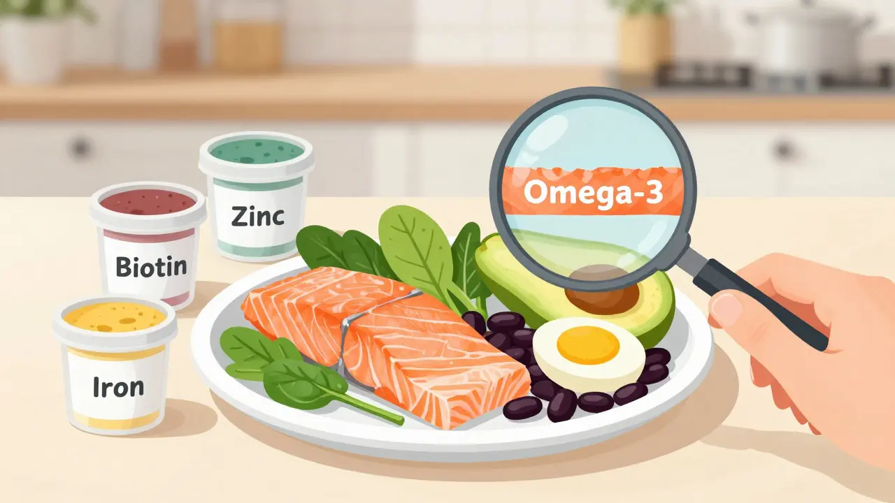 Zdravá strava pro silné nehty: losos, špenát, černé fazole, avokádo a vajíčko s výživovými doplňky.