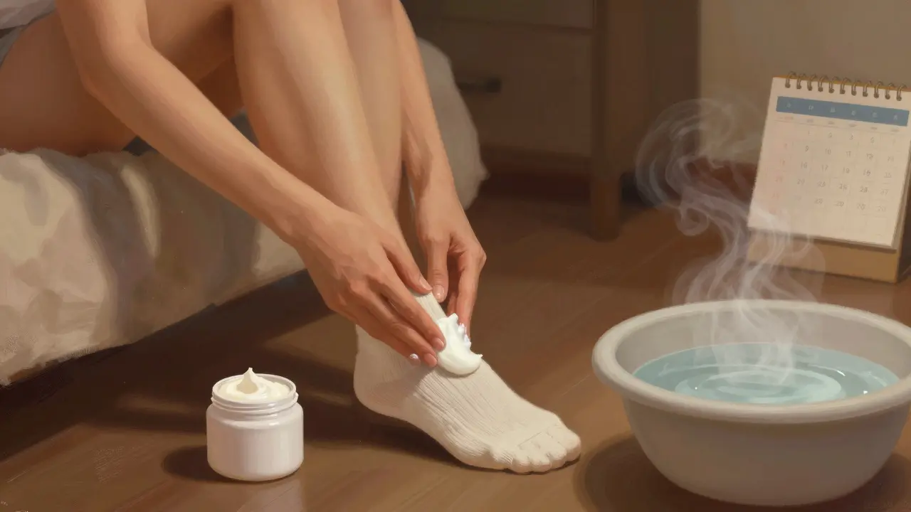 Žena aplikuje krém na paty večer, v ponožkách, v klidné domácí atmosféře.