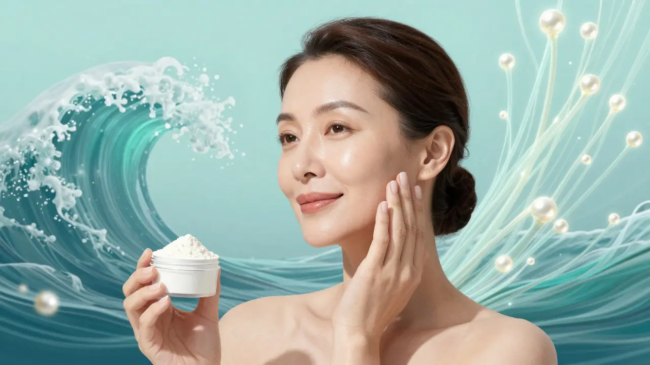 Žena se dotýká tváře, drží lžičku s mořským kolagenem, za ní vlna přechází v kolagenová vlákna.