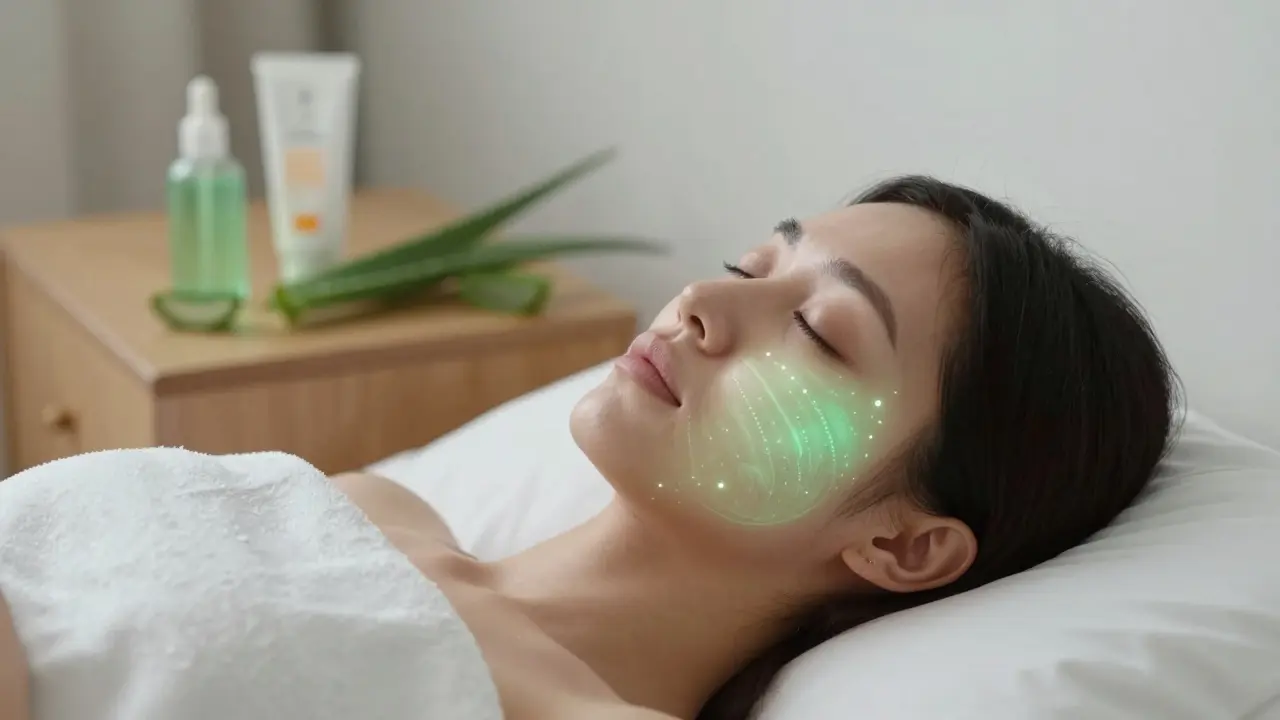 Žena spí v noci, její pokožka se obnovuje pod světlem regeneračních látek.