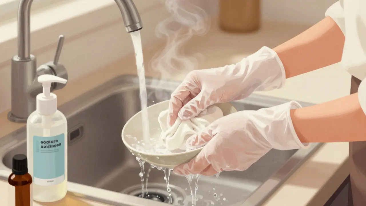 Žena v rukavicích myje nádobí, vedle ní olej a odstraňovač laku