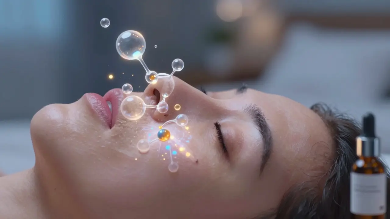 Zvětšený pohled na kůži, kde kyseliny rozpouštějí znečištění v pórách.