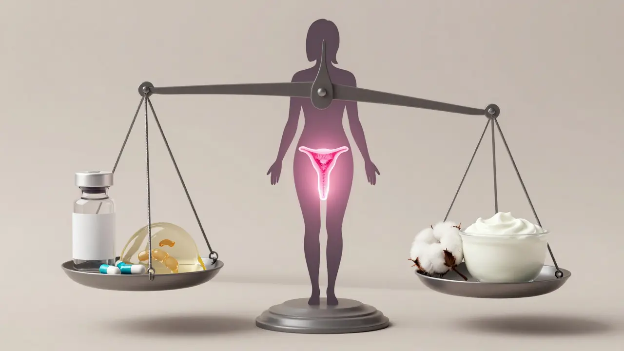 Balance scale comparing harmful hygiene products with natural remedies for vaginal health, highlighting microbial equilibrium.