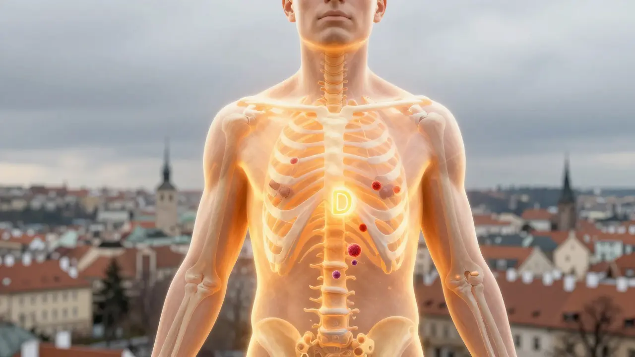 Člověk osvětlený sluncem, s vyznačenými kostmi a imunitními buňkami, symbolizující přírodní výrobu vitamínu D.