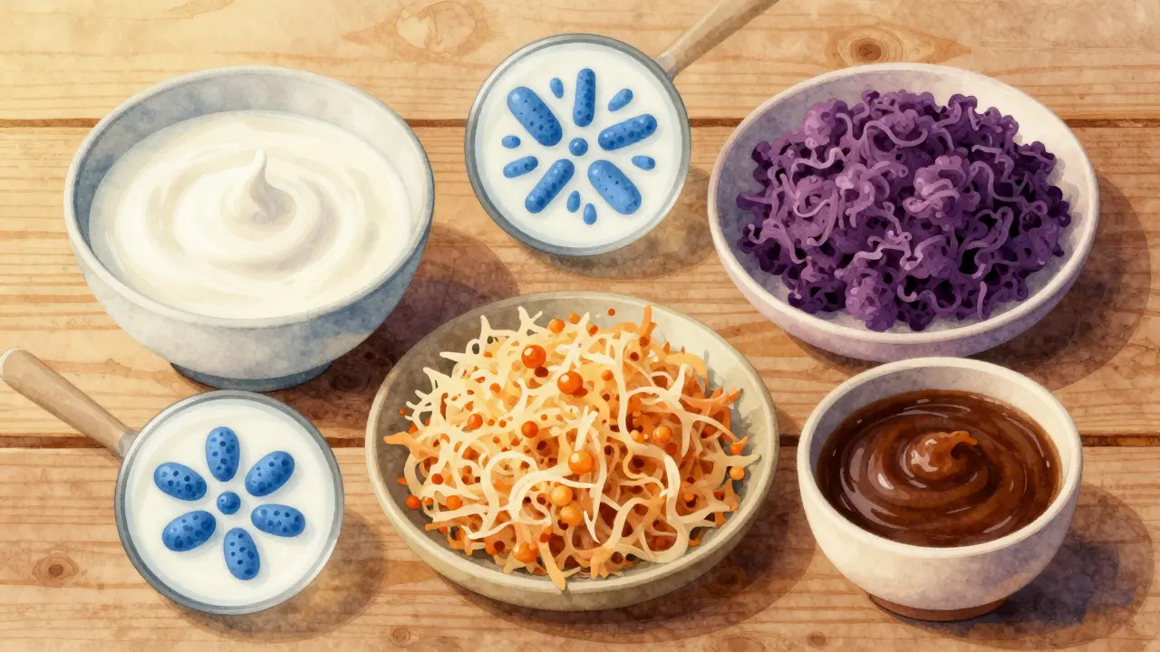 Fermentované potraviny s probiotickými bakteriemi v magnifikaci.