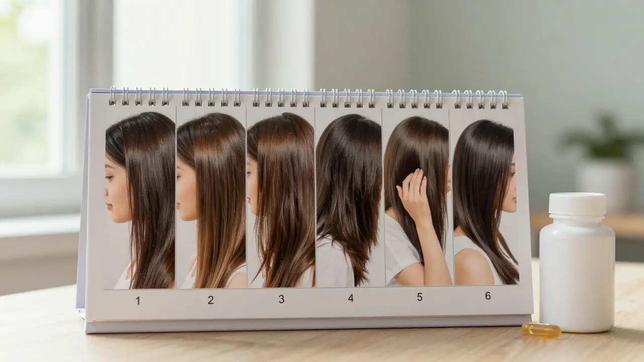Kalendář ukazující postupný růst vlasů během šesti měsíců s multivitamínem vedle.