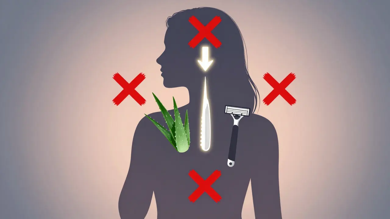 Konzepční obrázek správného oholení s osvětleným směrem růstu chloupků a zakázanými chybami.