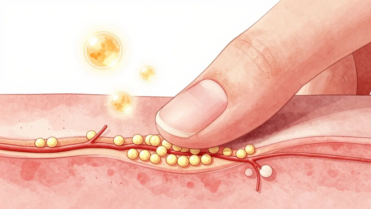 Křížový řez nehtové matrice s krvními cévami a živinami, které podporují růst.