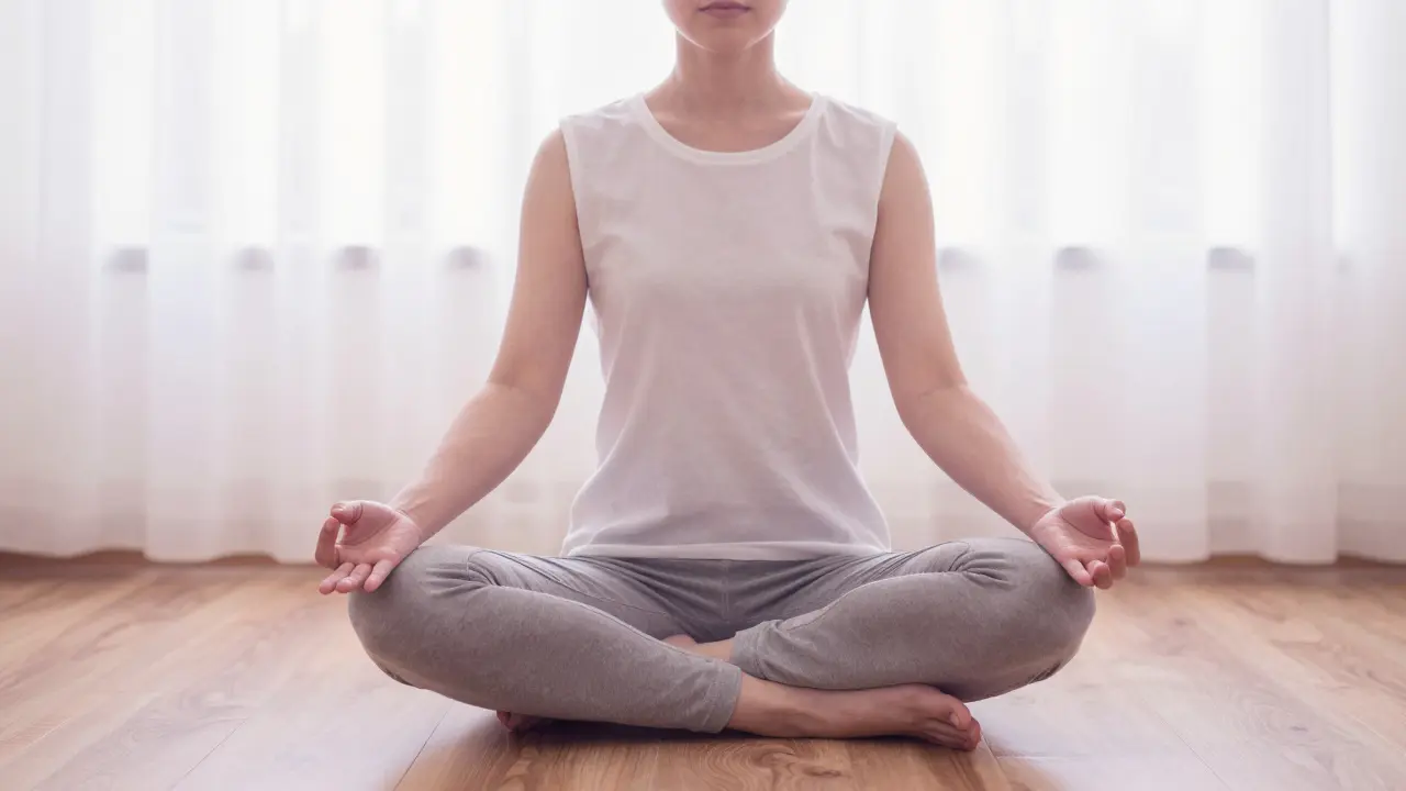 Meditace s očima zavřenými, jemné světlo, klidná atmosféra.