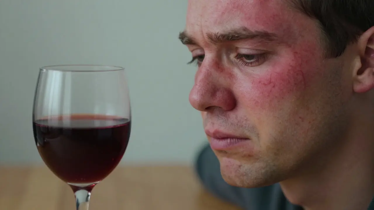 Muž s výrazně červenou plecí a viditelnými cévami na tváři, sklenice červeného vína vedle.