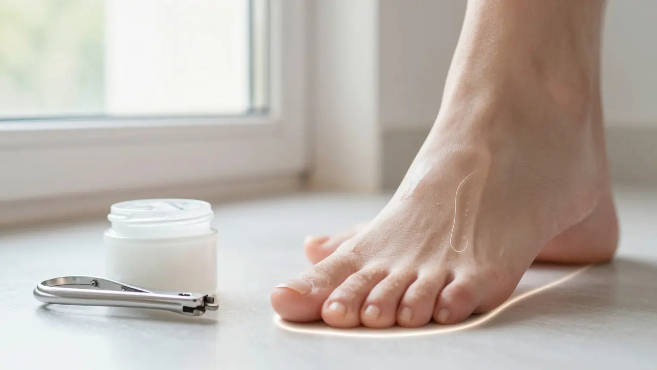 Noha v široké obuvi s hydratačním krémem a nůžkami pro nohy, symbolizující prevenci zarůstání nehtů.