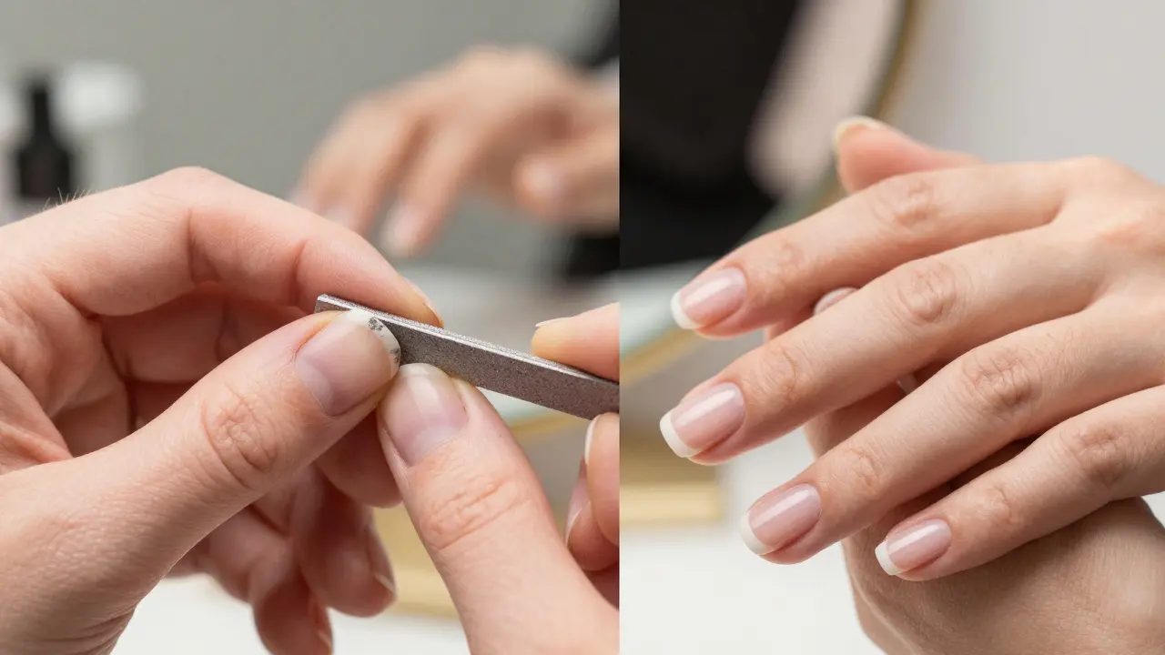 Porovnání hrubého a hladkého okraje nehtu po úpravě pilkou a US kroužkem.