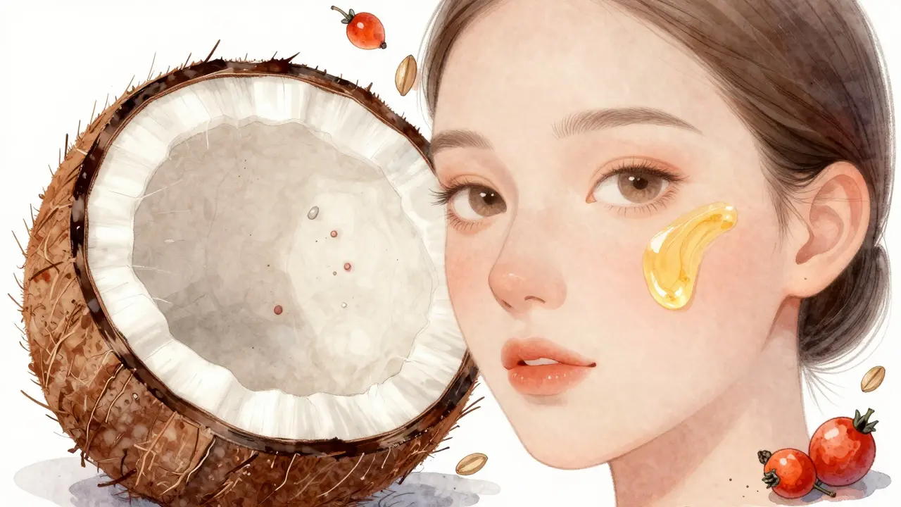 Porovnání pleti: levá strana s akně z kokosového oleje, pravá strana s čistou pletí po použití oleje z šípků.