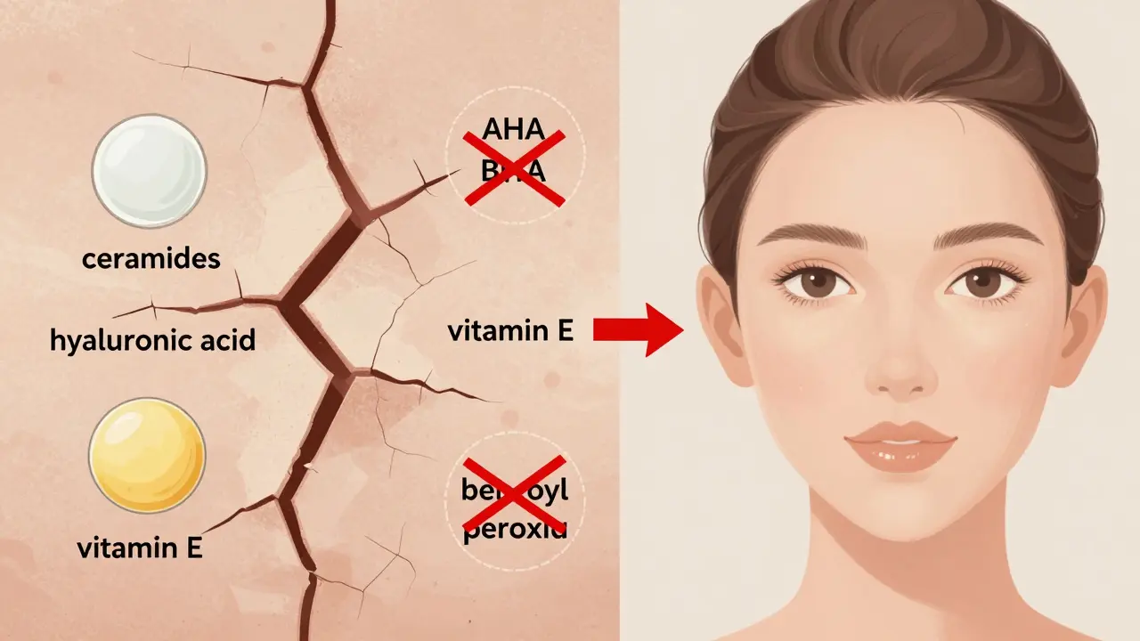 Porovnání poškozené a zdravé pokožky s kompatibilními a nekompatibilními ingrediencemi