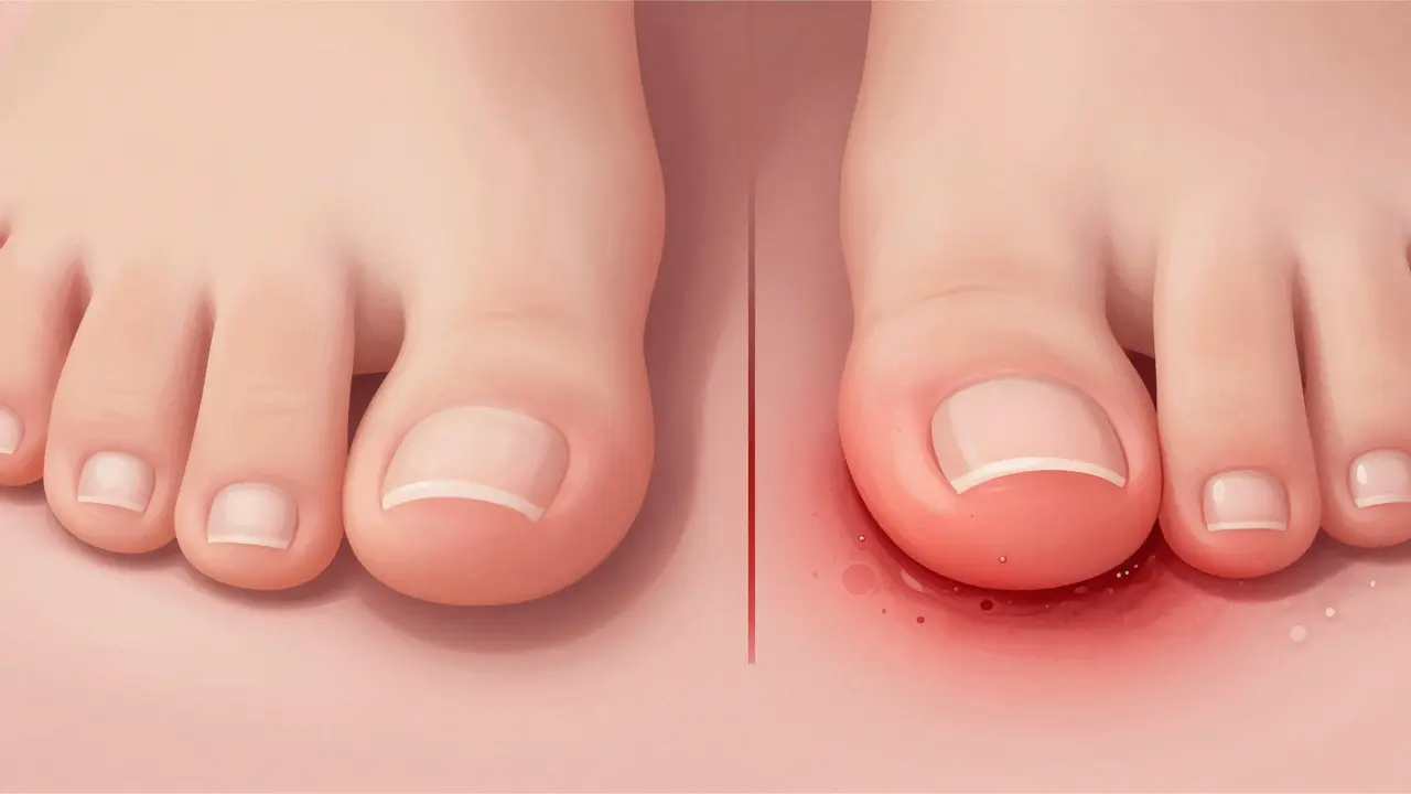 Porovnání správného a špatného růstu nehtu: rovný neht roste ven, zaoblený zarůstá do kůže.